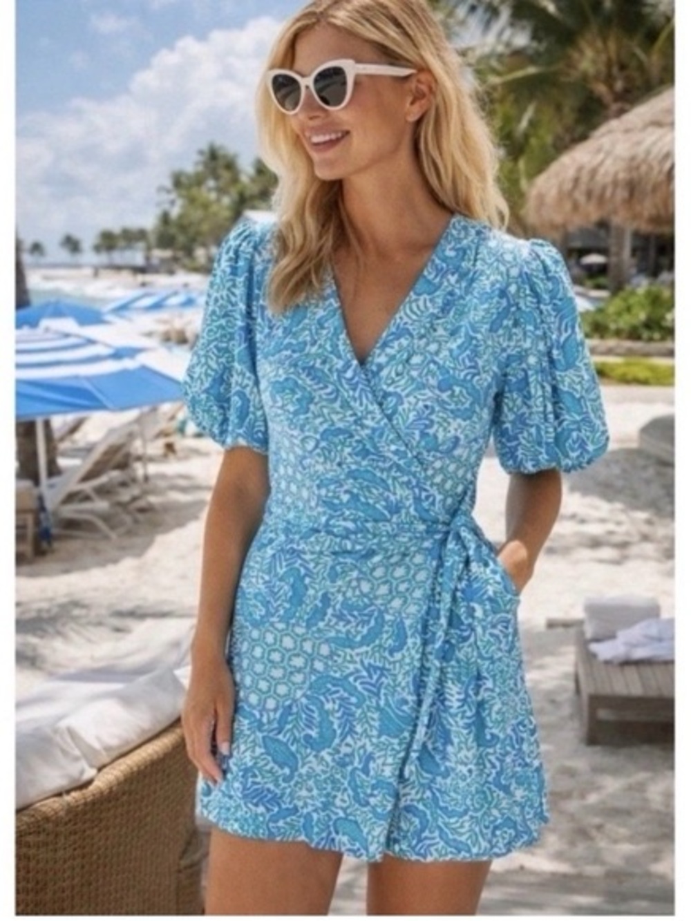 Lilly Pulitzer Sky Blue Printed Wrap Mini Dress Romper.